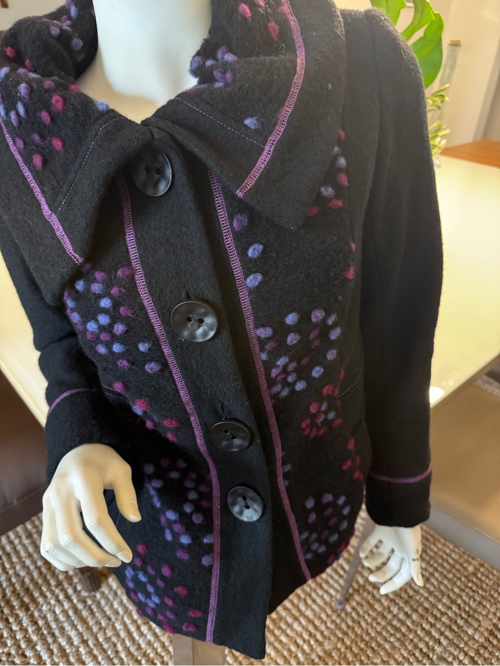 Black Wool Blend Button Front Coat with Purple and Pink Dot Accents